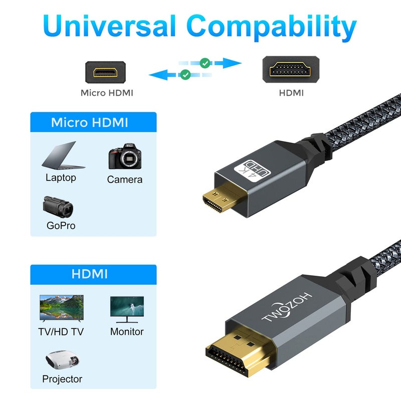 Twozoh 4K Micro HDMI to HDMI Cable 10FT, High-Speed Full HDMI to Micro HDMI Braided Cord Support 3D 4K/60Hz 1080p - Image 2